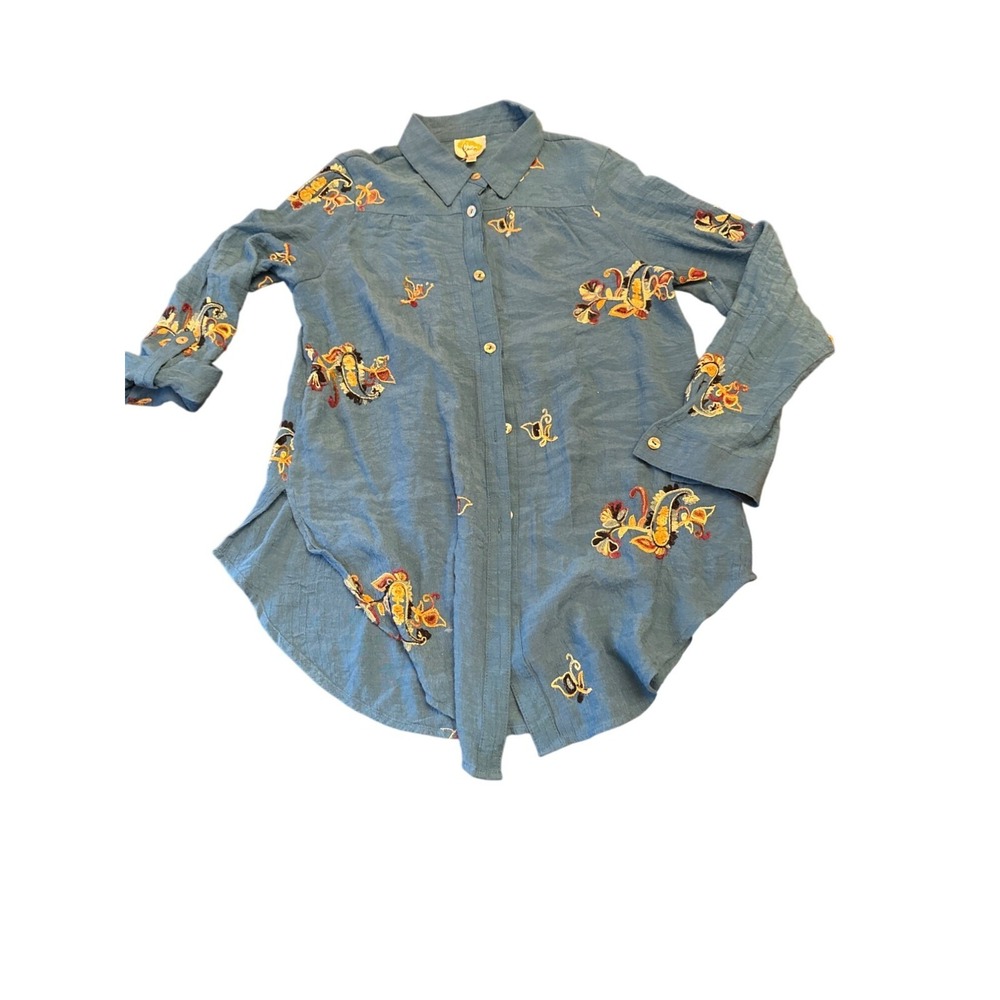 Fig And Flower Womens Embroidered Button-Up Shirt S Roll Tab Sleeve